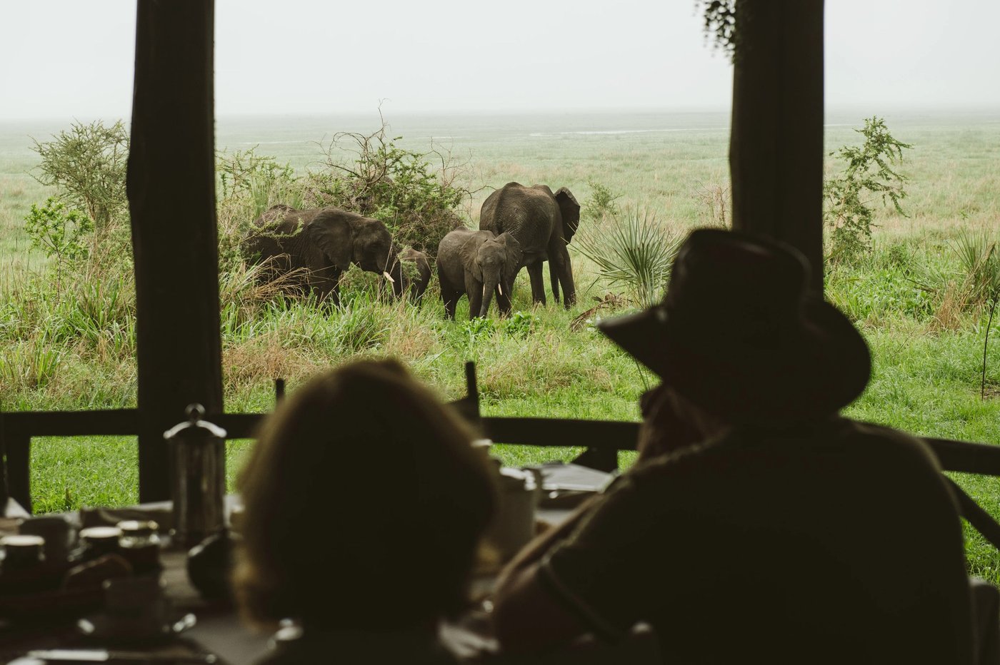 Gasten kijken naar een olifantenfamilie vanaf het eetterras op Katavi Wildlife Camp